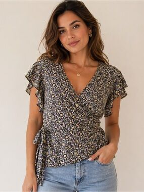 Max Studio Black Floral Wrap Top with Yellow & Cream Daisies